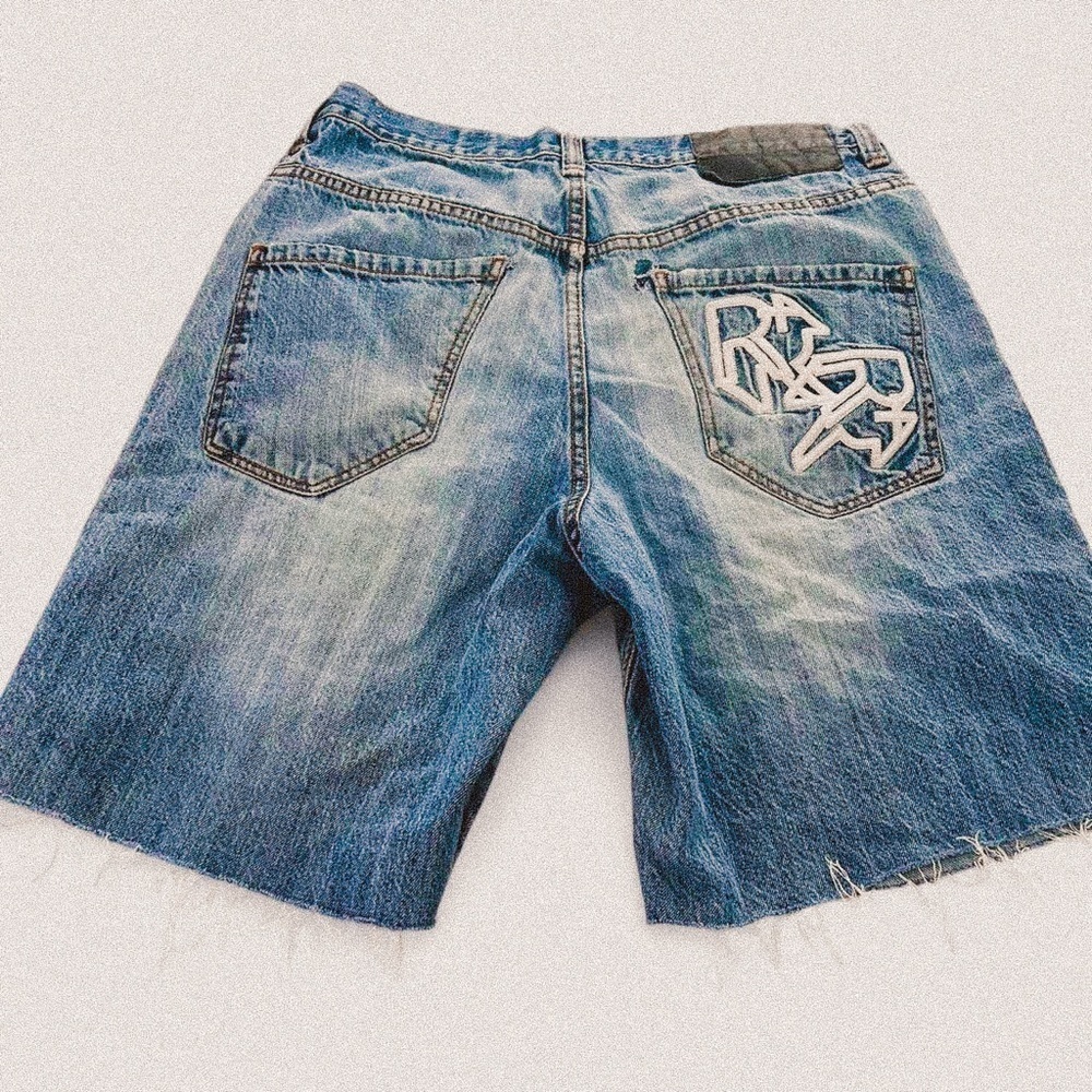 Rocawear vintage y2k embroidered pocket logo distressed thrashed jean shorts